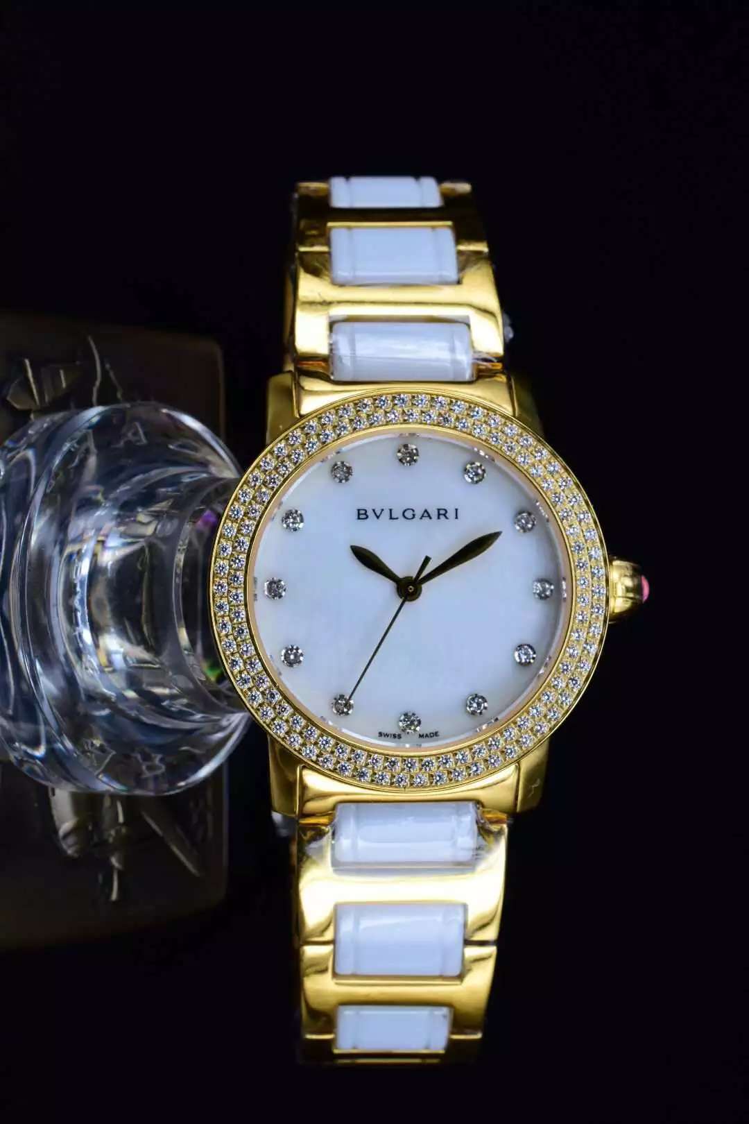 寶格麗精鋼316帶有天然白陶瓷黃金 女士腕錶 