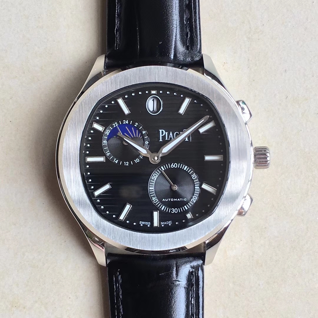 伯爵BLACK -TIE系列2019腕錶搭載伯爵進口機芯尺寸41mmX12mm同時還具備能區分晝夜和第二地時間的強大功能，並配有日期顯示窗