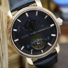 江詩丹頓黑色錶盤，陀飛輪款，條釘刻度，黑色皮手錶帶，江詩丹頓男士機械腕錶
