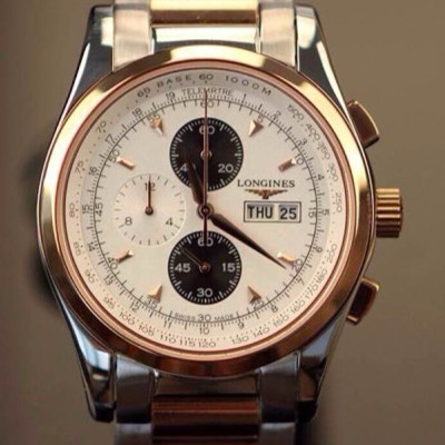 浪琴多功能白色錶盤，六針款，間金錶鏈，浪琴男士機械腕錶