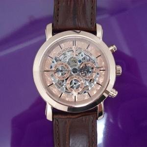 江詩丹頓 玫瑰金錶殼鏤空背透藍色指針男錶 VC038123