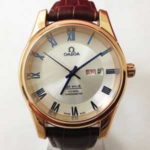 高仿歐米茄蝶飛系列男士手錶3針日曆玫瑰金OM39992
