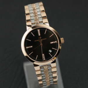 江詩丹頓 3針玫金間銀黑底超薄商務男錶全自動機械時尚男士手錶