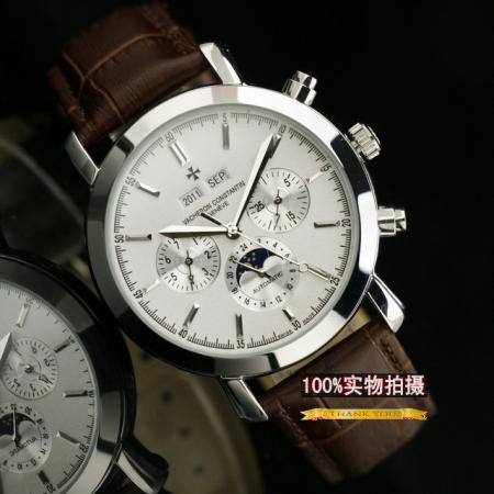 江詩丹頓萬年曆自動機械錶男士手錶白面棕色真皮錶帶機械男錶