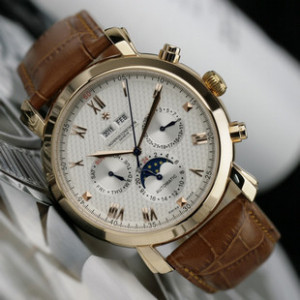 江詩丹頓 玫金6針3曆晝夜提示自動機械錶多功能時尚休閑男士手錶