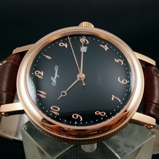 精品 寶璣 自動機械錶 棕色真皮錶帶 日曆 男士手錶(玫瑰金錶殼黑面）