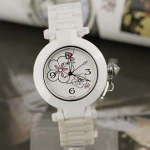 卡地亞 花圖案錶盤精致個性款高檔純白陶瓷女士手錶 日本石英女錶