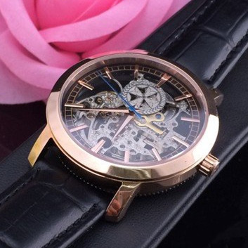 江詩丹頓玫瑰金精鋼錶殼全鏤空機械機芯真皮錶帶男士腕錶