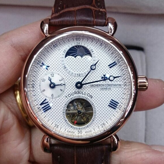 江詩丹頓 玫瑰金精鋼錶殼真皮錶帶 日月星辰 陀飛輪男士機械手錶