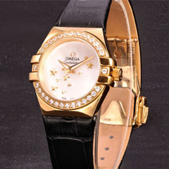 歐米茄星座系列Star女款 玫瑰金環鉆錶圈 白色貝母字面 兩針瑞士石英女錶