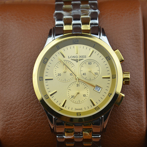 浪琴進口瑞士石英機芯金色錶盤三小錶盤單日曆男士腕錶