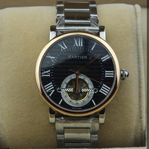 卡地亞間金錶殼陀飛輪系列大錶盤男士機械腕錶  鋼帶黑面
