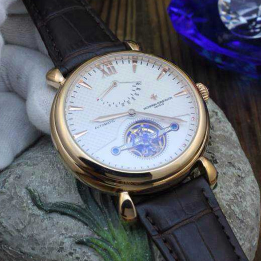 江詩丹頓 玫瑰金精鋼錶殼真皮錶帶金丁錶盤陀飛輪男士機械手錶
