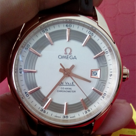 歐米茄 OMEGA 蝶飛系列 機械男錶 間金錶殼條丁白面面 真皮錶帶