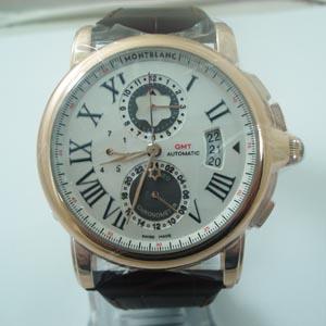 萬寶龍玫瑰金白色錶盤6針日曆背透機械機芯手錶