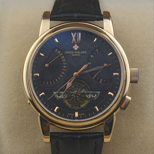 百達翡麗蒼穹圖全自動機械錶3針旋轉秒盤黑色皮帶男士手錶藍色錶盤
