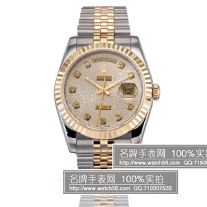 勞力士Rolex-日曆型系列 間金白麵 花面設計雙日曆手錶男士機械錶